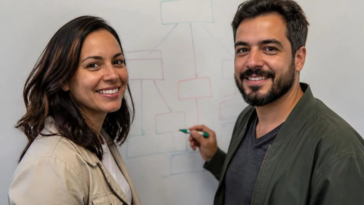 Duas participantes de pé diante do quadro branco, montando um argumento a caneta