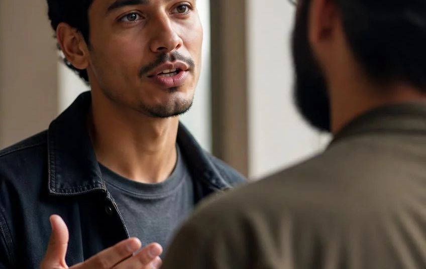 Duas pessoas frente a frente na mesa: uma sustenta a fala, a outra anota o que ouviu